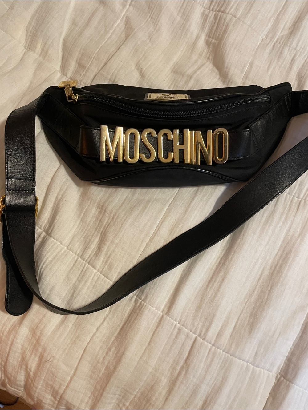 Moschino Black Leather Logo Belt Bag with Gold Hardware